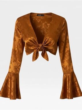 Copper Satin Tie-Front Crop Top with Bell Sleeves